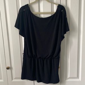 Black top with buttons on short sleeve, white house, black market, size L